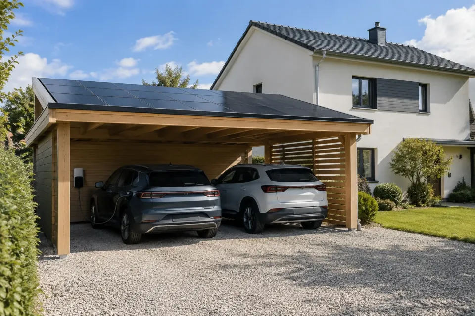 Carport solaire en bois devant une maison, toiture couverte de panneaux photovoltaïques, voiture électrique en charge