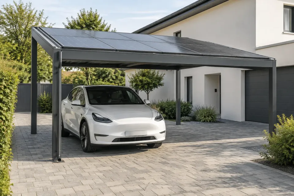 Carport solaire en aluminium avec panneaux photovoltaïques, voiture électrique garée dessous
